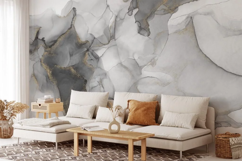 Soothing and Subtle Shades of Grey Ink and Fluid Art Wallpaper for a Serene and Contemporary Home Ambience