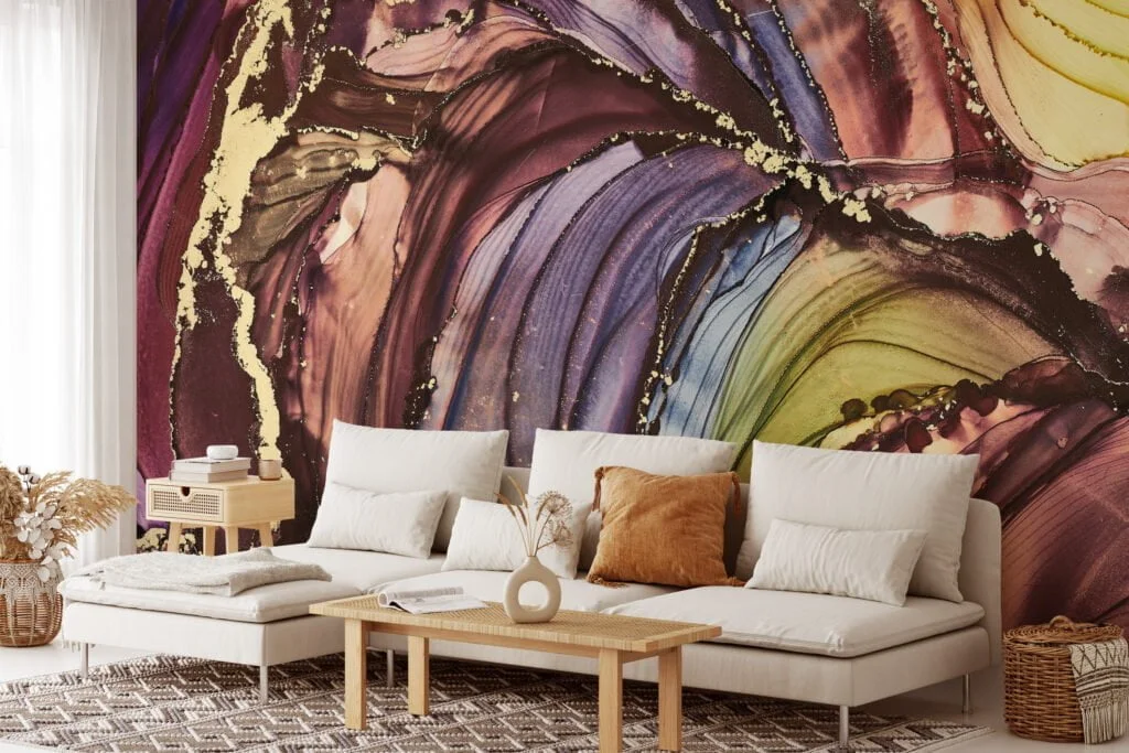 Opulent Gold and Dynamic Mixed Colored Ink Art Wallpaper for a Luxurious and Artistic Home Decor