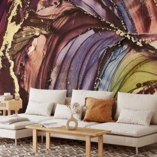 Opulent Gold and Dynamic Mixed Colored Ink Art Wallpaper for a Luxurious and Artistic Home Decor