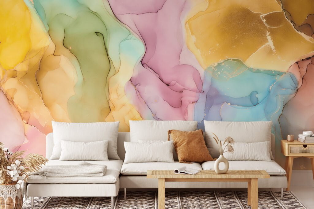Vibrant Rainbow Colors Ink and Fluid Art Wallpaper for a Playful and Lively Home Decor with an Artistic Flair