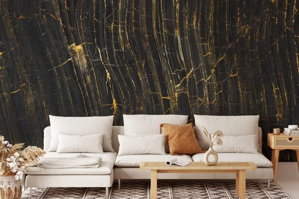 Elegant Black Stone Marble with Gilded Golden Lines Wallpaper for a Luxurious and Striking Home Ambience