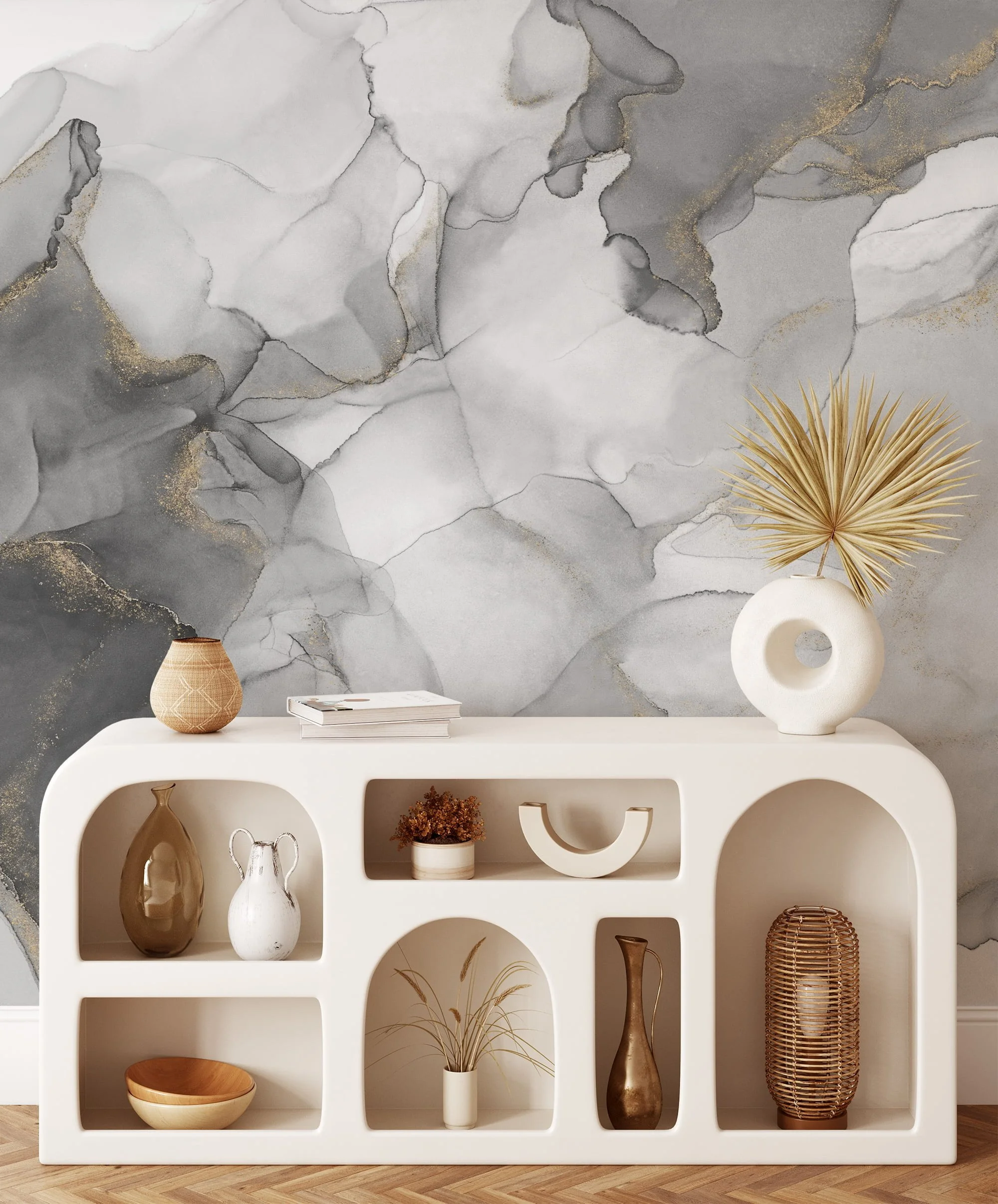 Soothing and Subtle Shades of Grey Ink and Fluid Art Wallpaper for a Serene and Contemporary Home Ambience