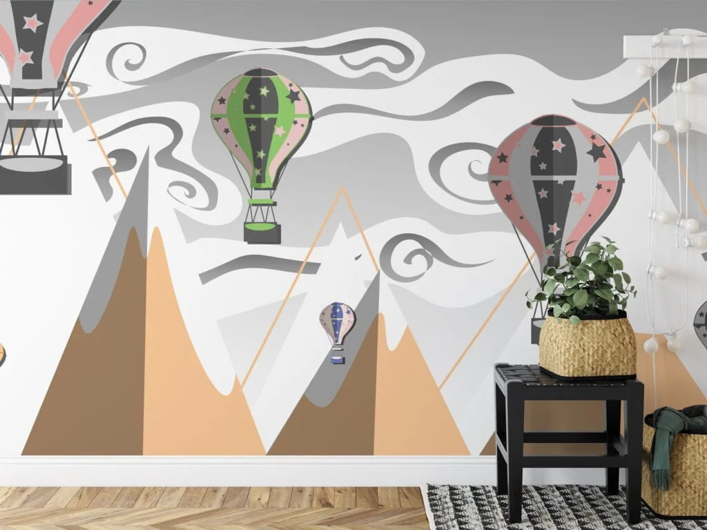 Kids Room Wallpaper with Hot Air Balloons and Mountains, Peel & Stick Wall Mural, Removable Wallpaper