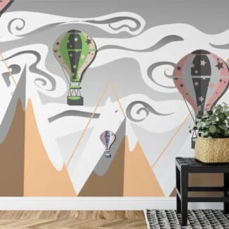 Kids Room Wallpaper with Hot Air Balloons and Mountains, Peel & Stick Wall Mural, Removable Wallpaper