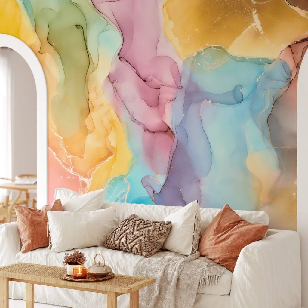 Vibrant Rainbow Colors Ink and Fluid Art Wallpaper for a Playful and Lively Home Decor with an Artistic Flair