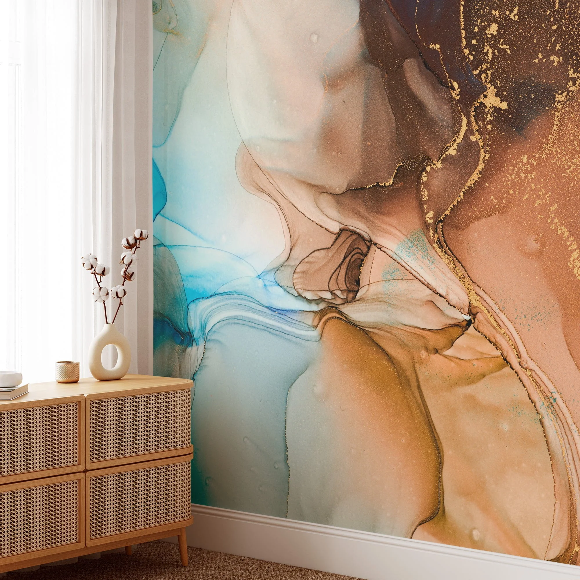 Bold and Contrasting Orange and Blue Ink Art Wallpaper for an Eye-Catching and Artistic Home Decor