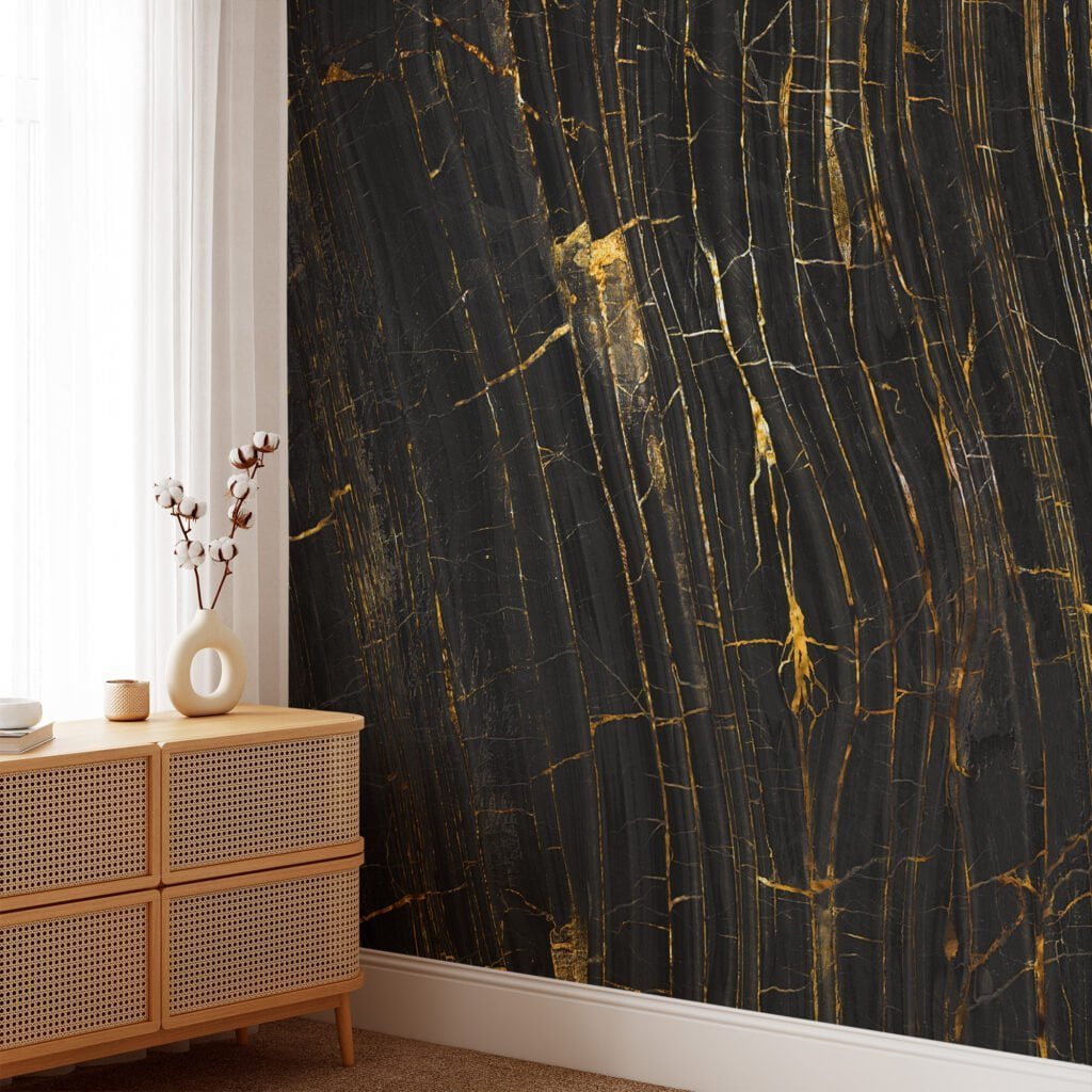 Elegant Black Stone Marble with Gilded Golden Lines Wallpaper for a Luxurious and Striking Home Ambience