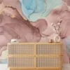 Elegant Rose Gold and Serene Blue Ink Art Wallpaper for a Sophisticated and Tranquil Home Ambience