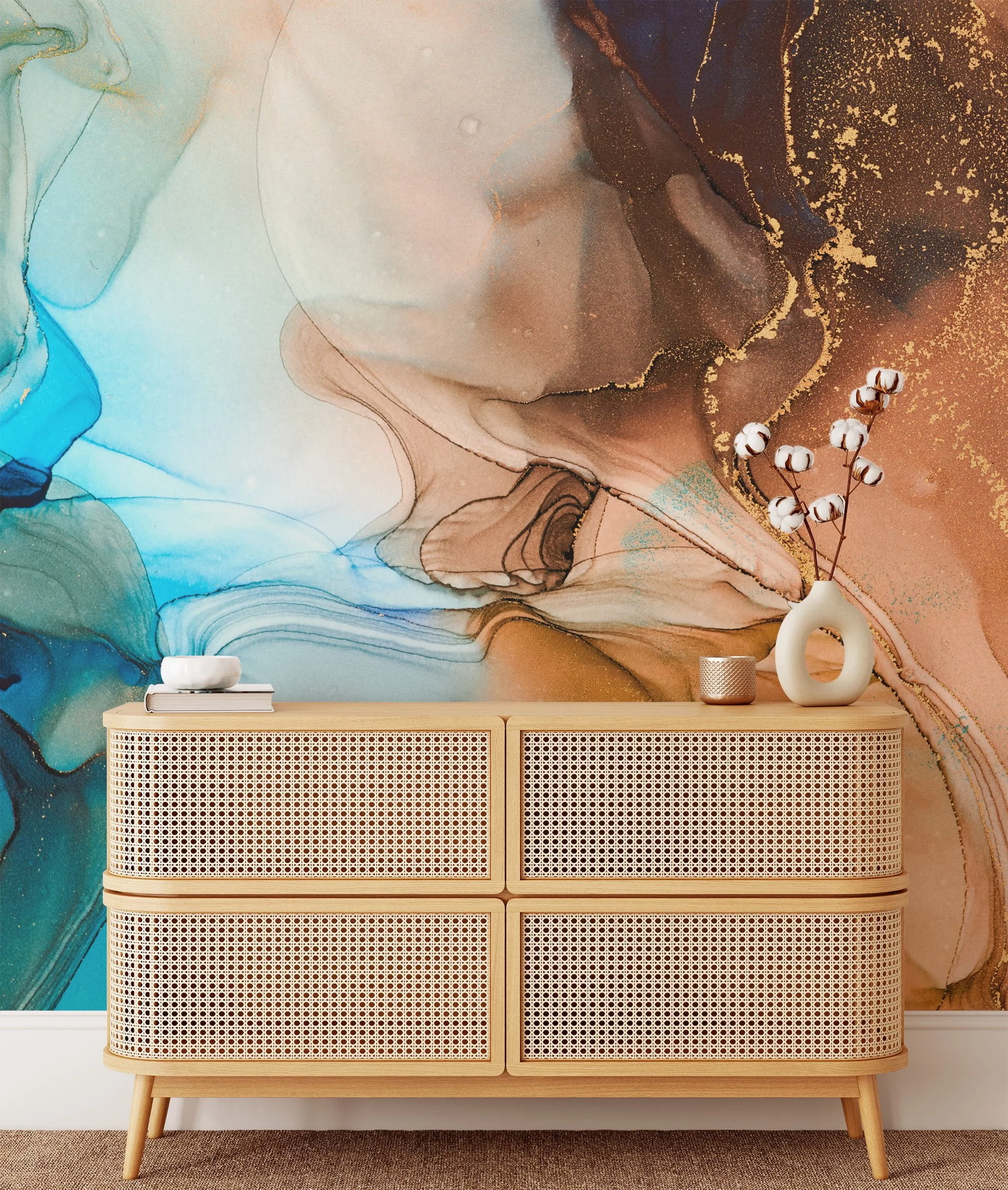 Bold and Contrasting Orange and Blue Ink Art Wallpaper for an Eye-Catching and Artistic Home Decor