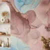 Elegant Rose Gold and Serene Blue Ink Art Wallpaper for a Sophisticated and Tranquil Home Ambience