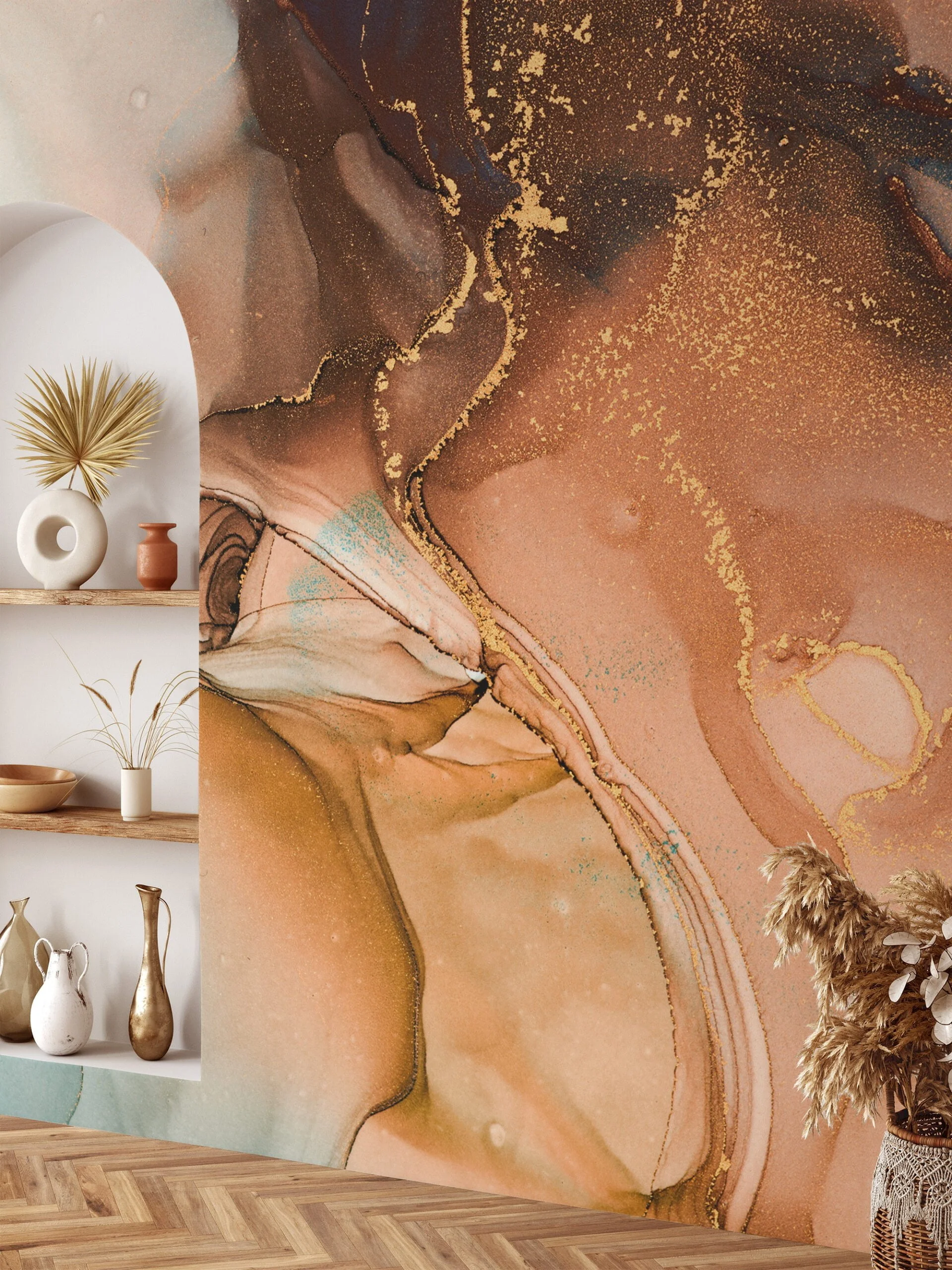 Bold and Contrasting Orange and Blue Ink Art Wallpaper for an Eye-Catching and Artistic Home Decor