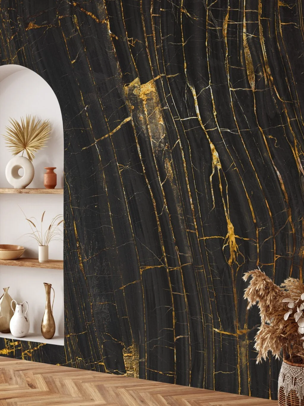 Elegant Black Stone Marble with Gilded Golden Lines Wallpaper for a Luxurious and Striking Home Ambience