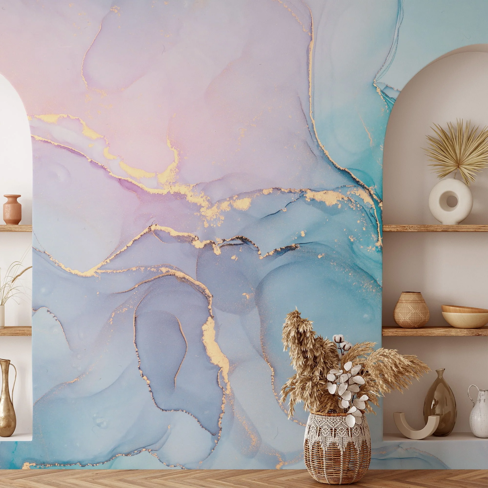 Dreamy and Serene Colorful Pastel Ink Art Wallpaper for a Whimsical and Calming Home Decor