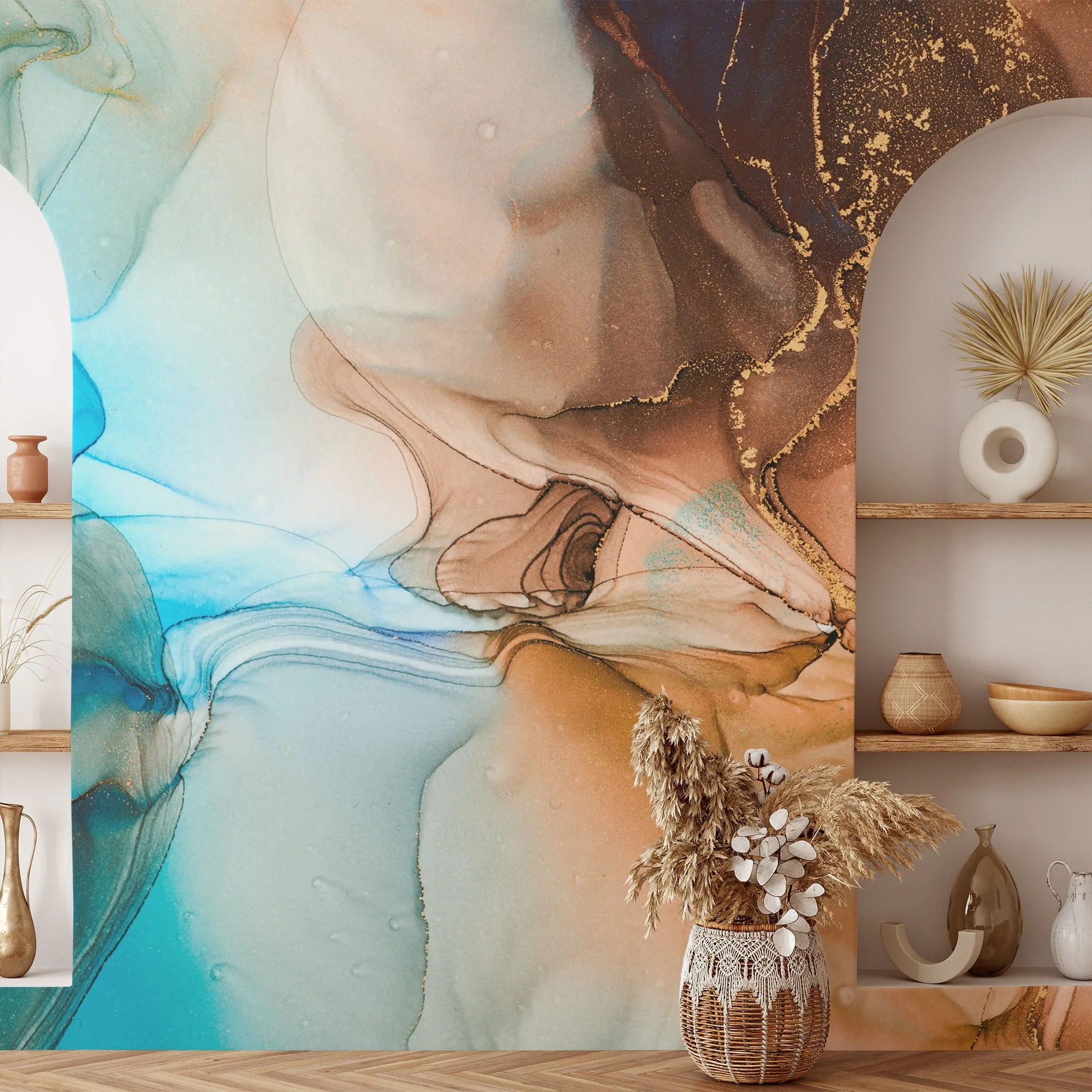 Bold and Contrasting Orange and Blue Ink Art Wallpaper for an Eye-Catching and Artistic Home Decor