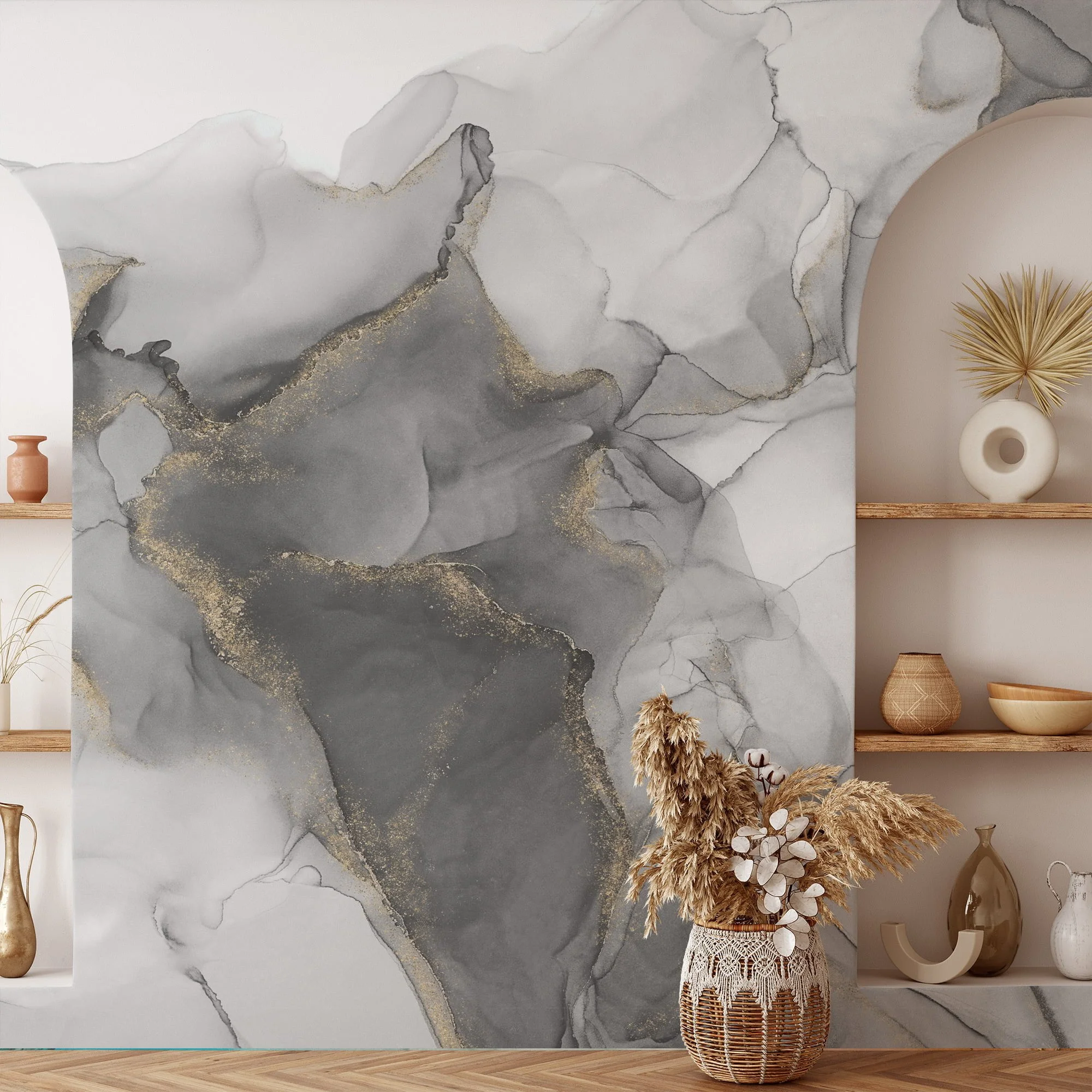 Soothing and Subtle Shades of Grey Ink and Fluid Art Wallpaper for a Serene and Contemporary Home Ambience