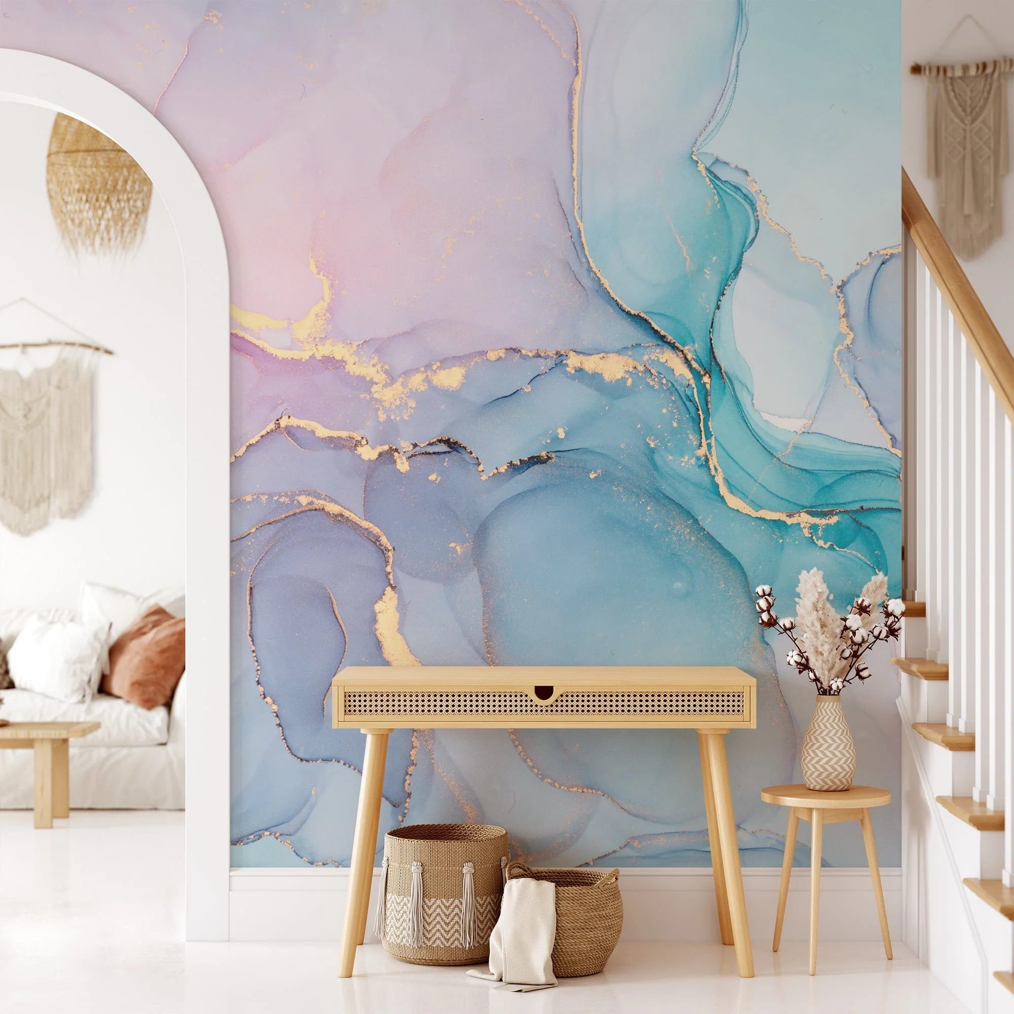 Dreamy and Serene Colorful Pastel Ink Art Wallpaper for a Whimsical and Calming Home Decor