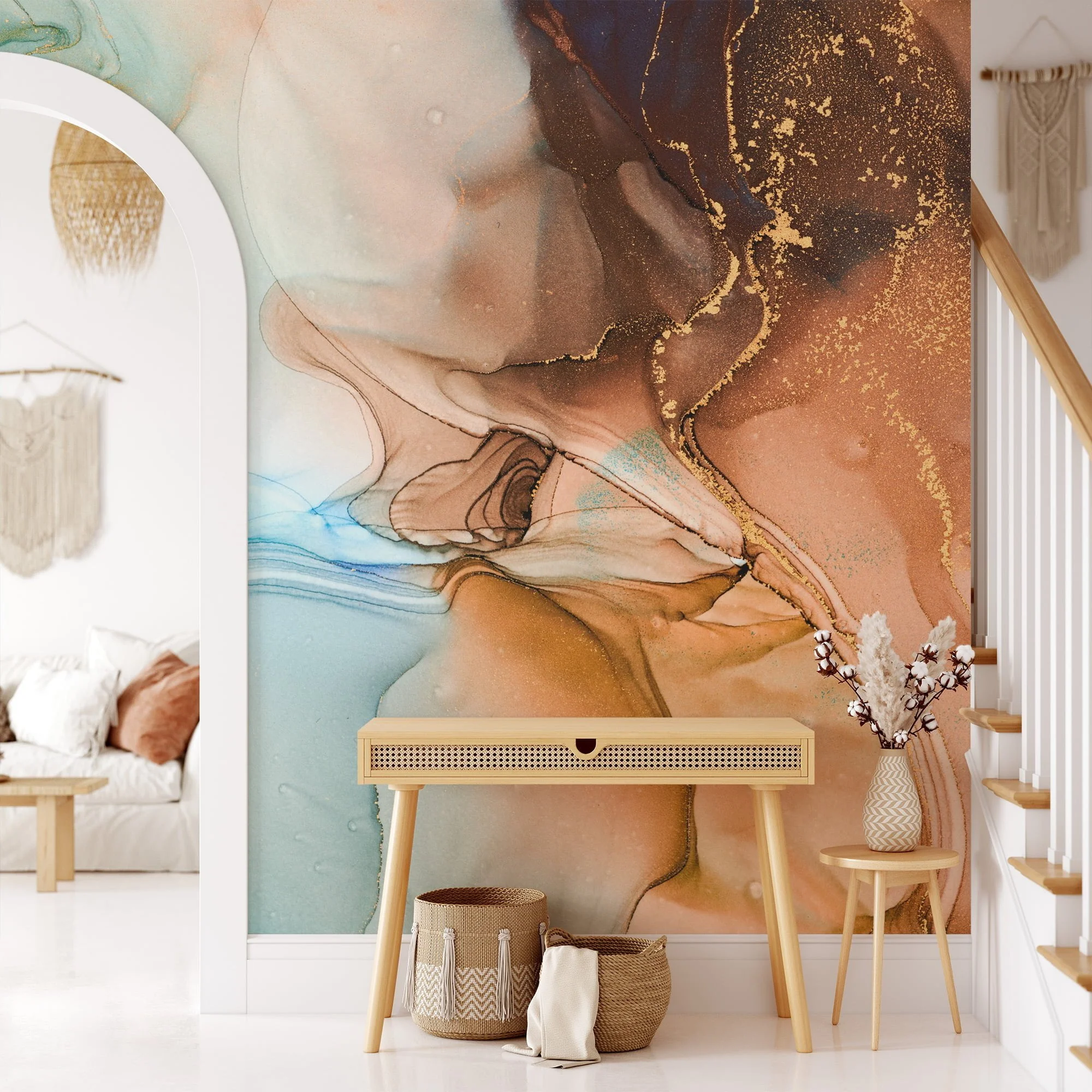 Bold and Contrasting Orange and Blue Ink Art Wallpaper for an Eye-Catching and Artistic Home Decor