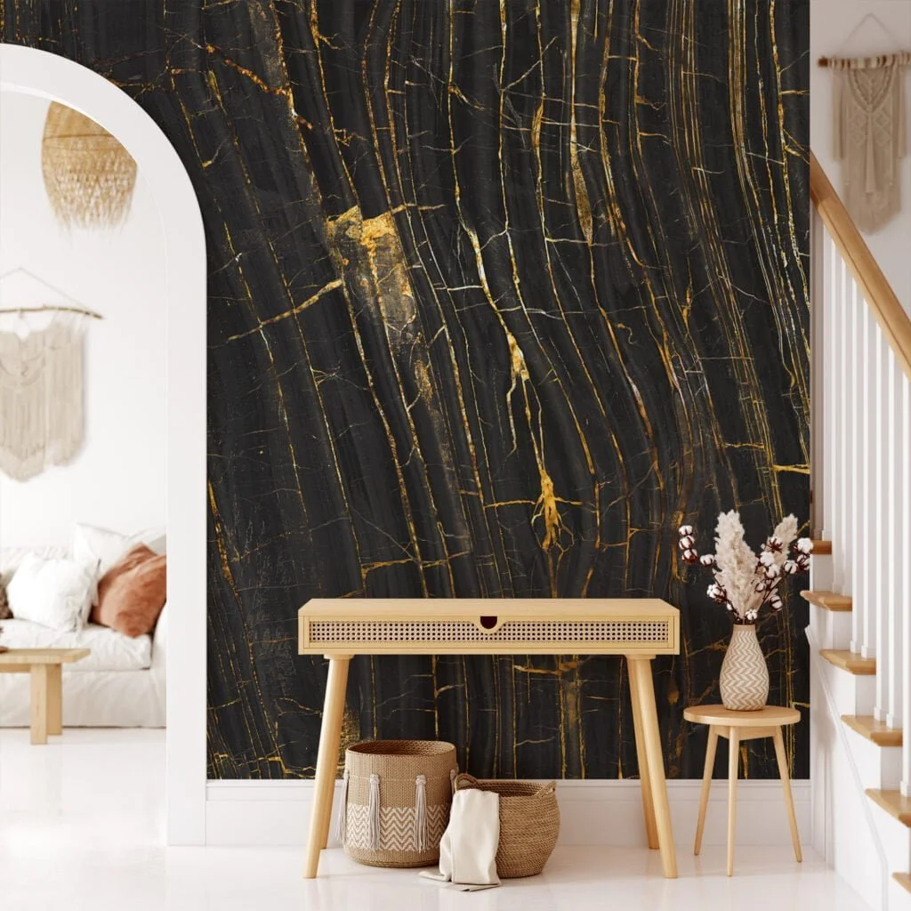 Elegant Black Stone Marble with Gilded Golden Lines Wallpaper for a Luxurious and Striking Home Ambience