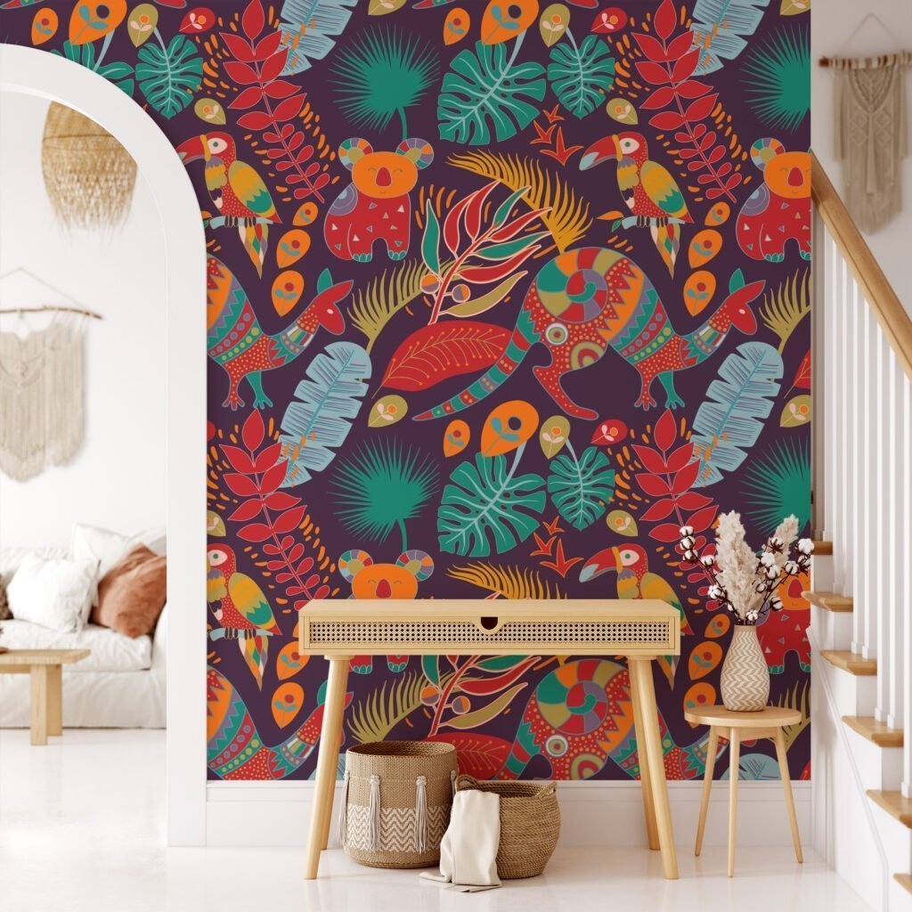 Nursery Wallpaper with Colorful Exotic Animals and Leaves, Peel & Stick Wallpaper, Fabric Wallpaper