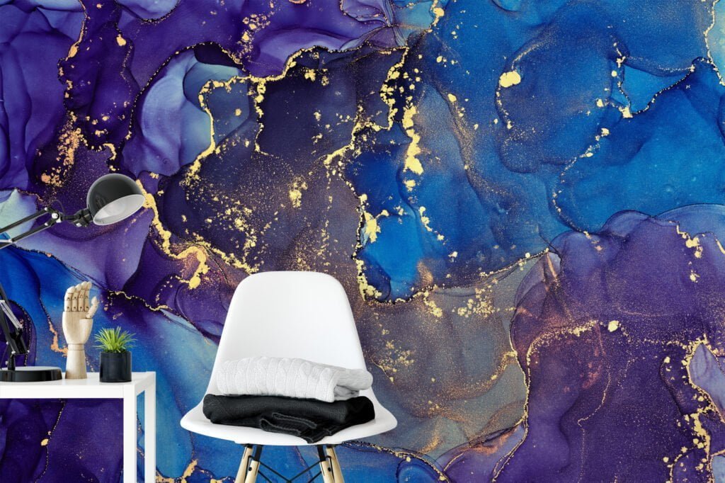 Indulge in the captivating beauty of our Dark Blue and Purple Marble Effect Wallpaper
