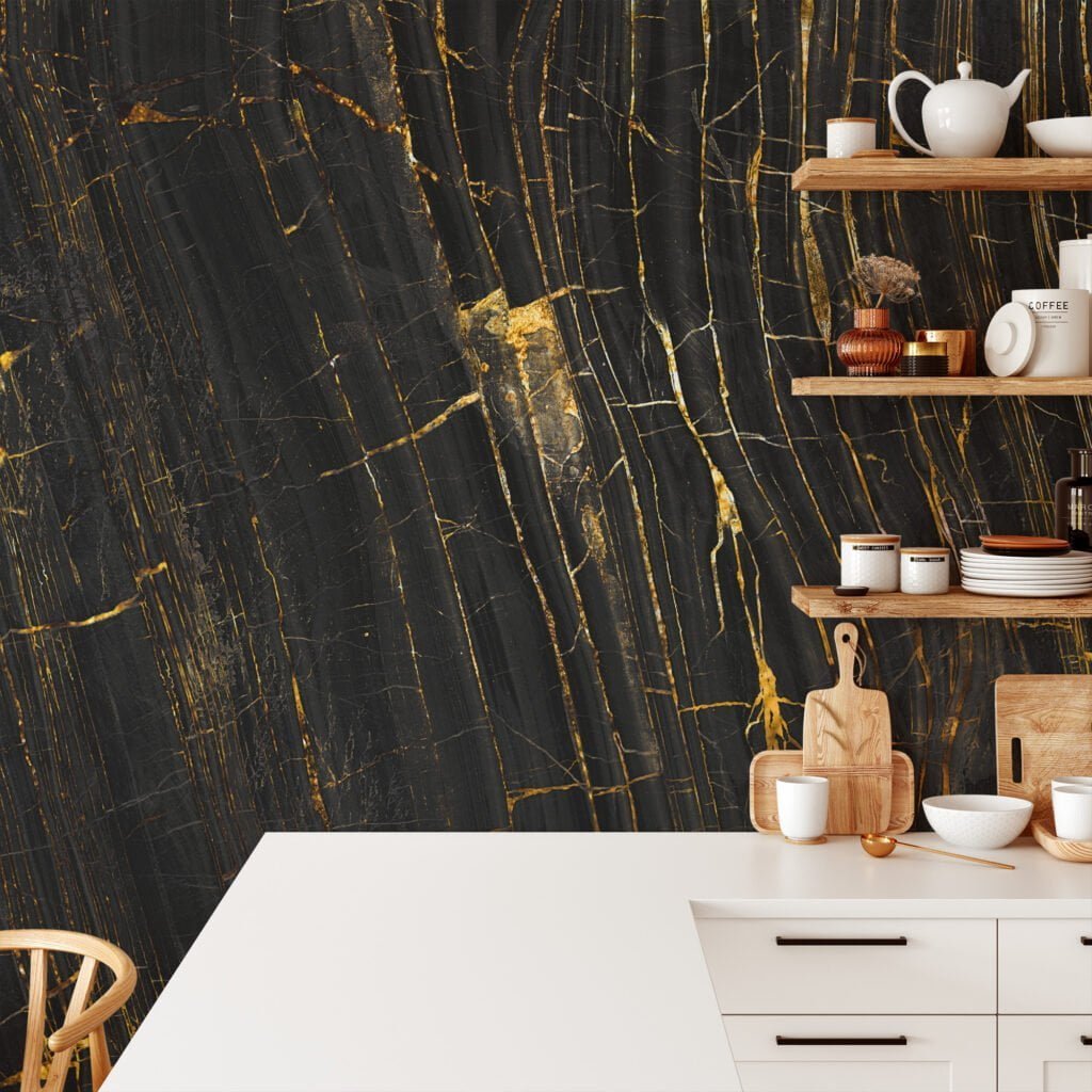 Elegant Black Stone Marble with Gilded Golden Lines Wallpaper for a Luxurious and Striking Home Ambience