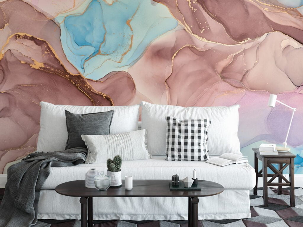 Elegant Rose Gold and Serene Blue Ink Art Wallpaper for a Sophisticated and Tranquil Home Ambience