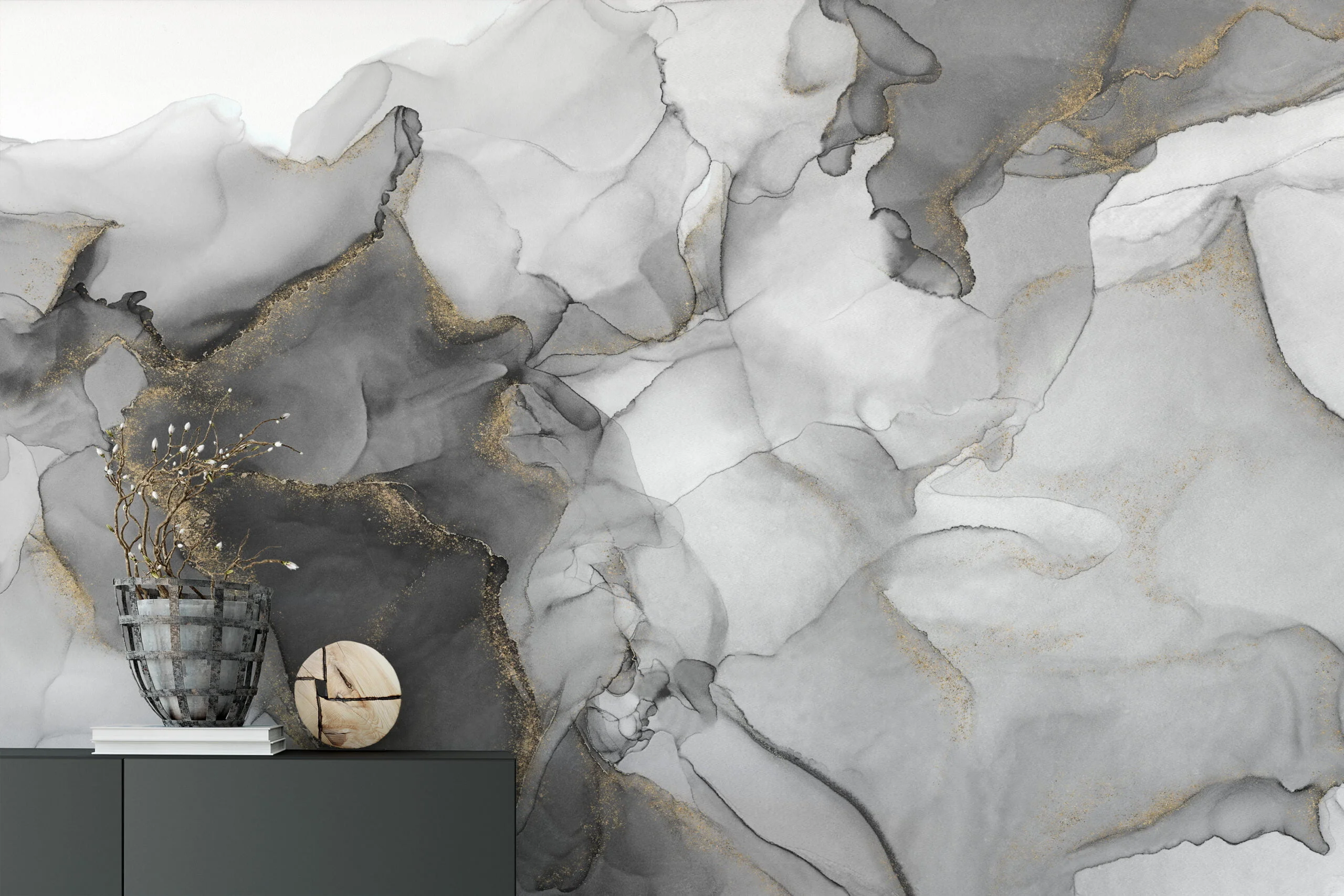 Soothing and Subtle Shades of Grey Ink and Fluid Art Wallpaper for a Serene and Contemporary Home Ambience