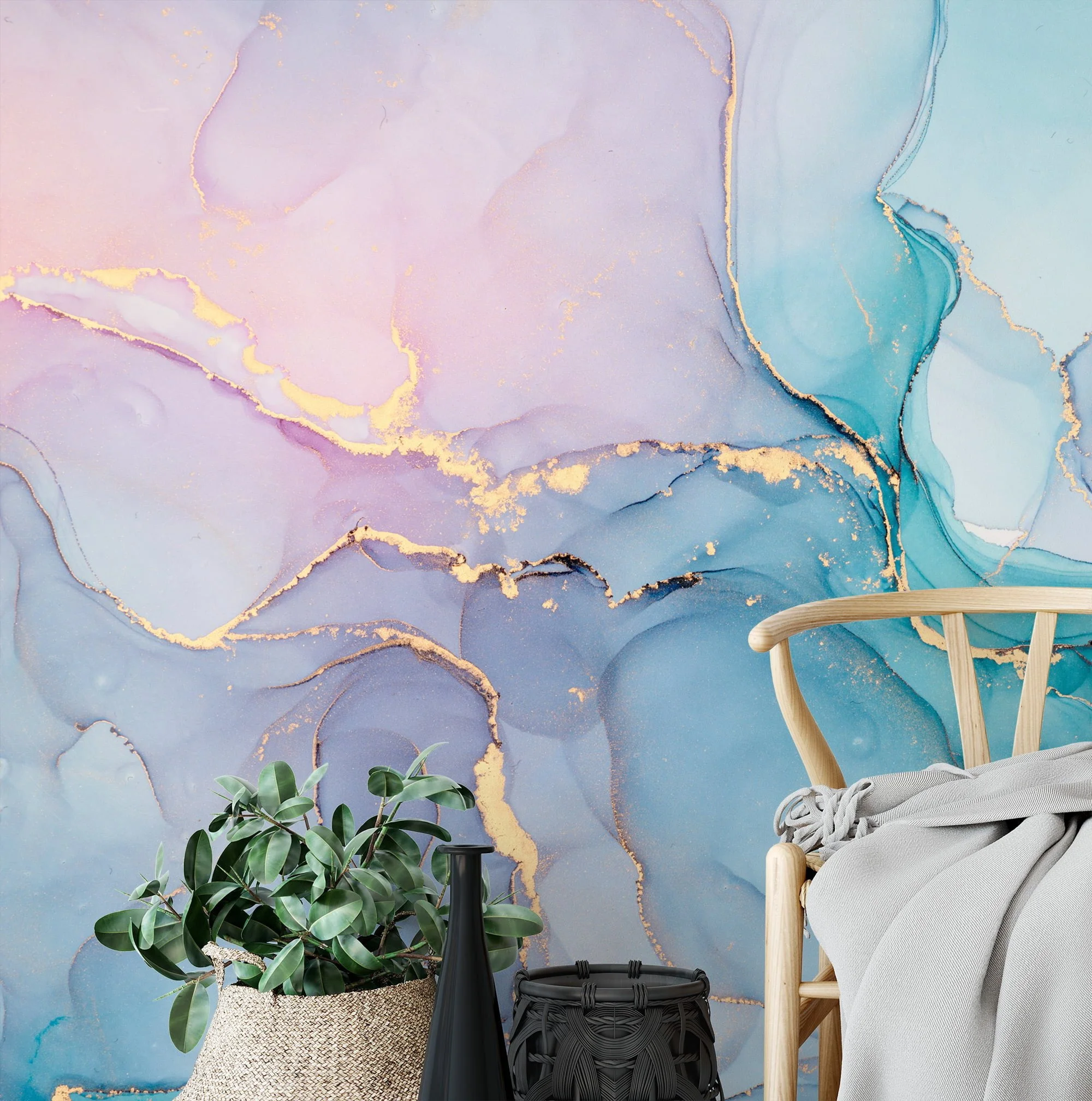 Dreamy and Serene Colorful Pastel Ink Art Wallpaper for a Whimsical and Calming Home Decor