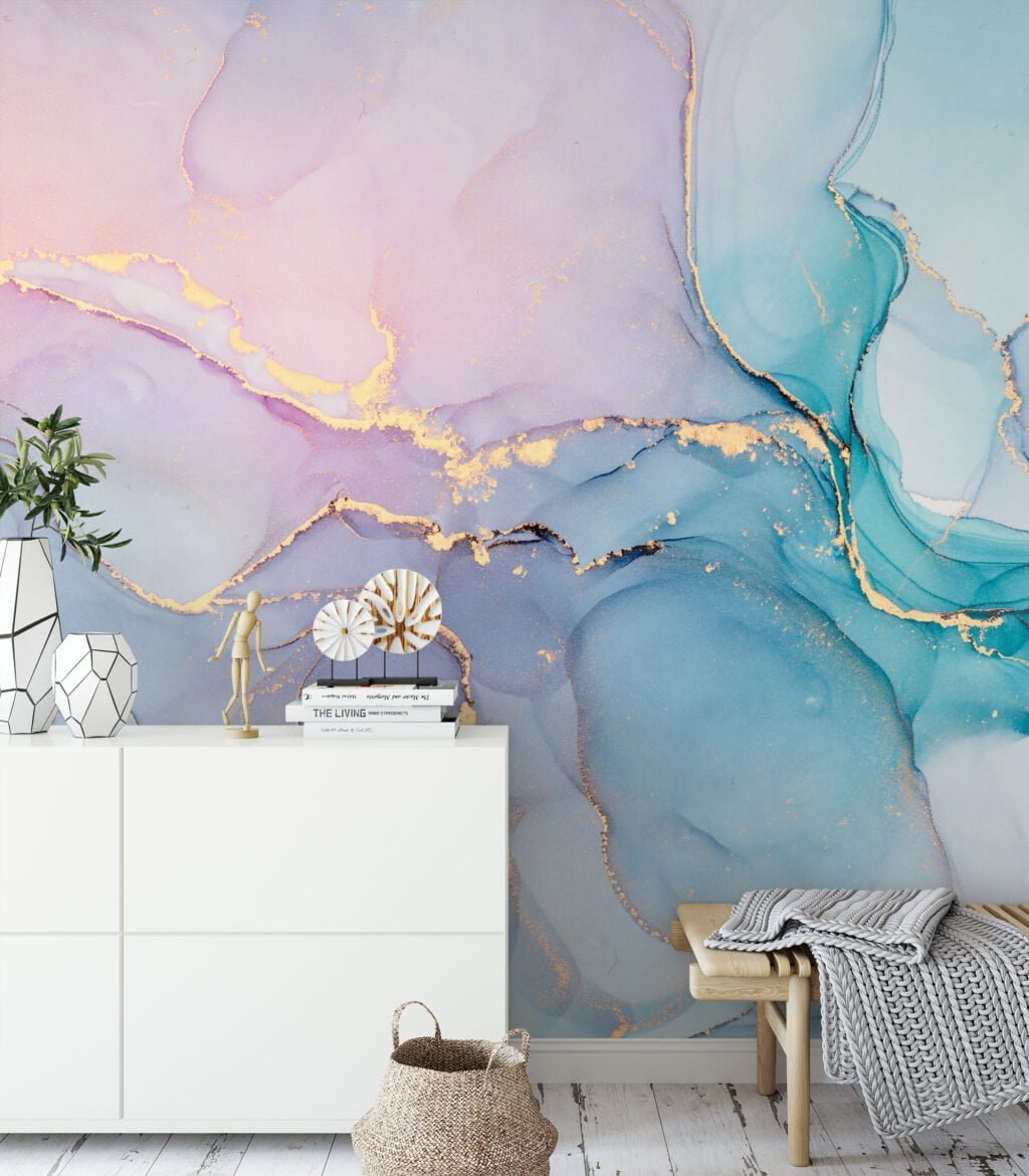 Dreamy and Serene Colorful Pastel Ink Art Wallpaper for a Whimsical and Calming Home Decor