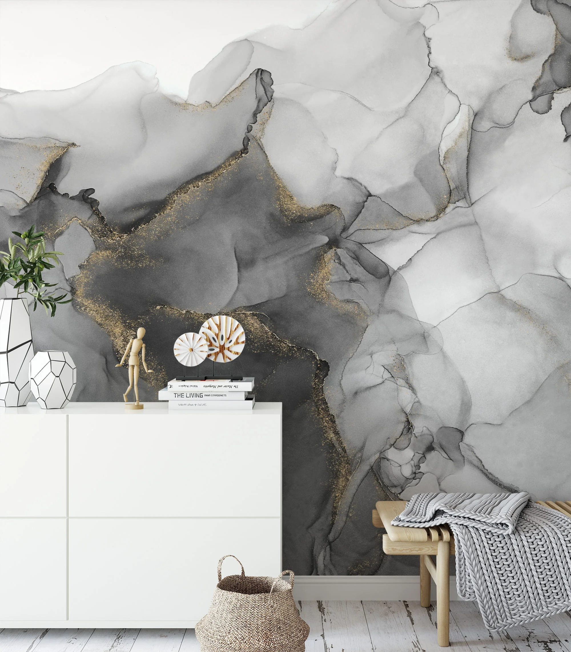 Soothing and Subtle Shades of Grey Ink and Fluid Art Wallpaper for a Serene and Contemporary Home Ambience