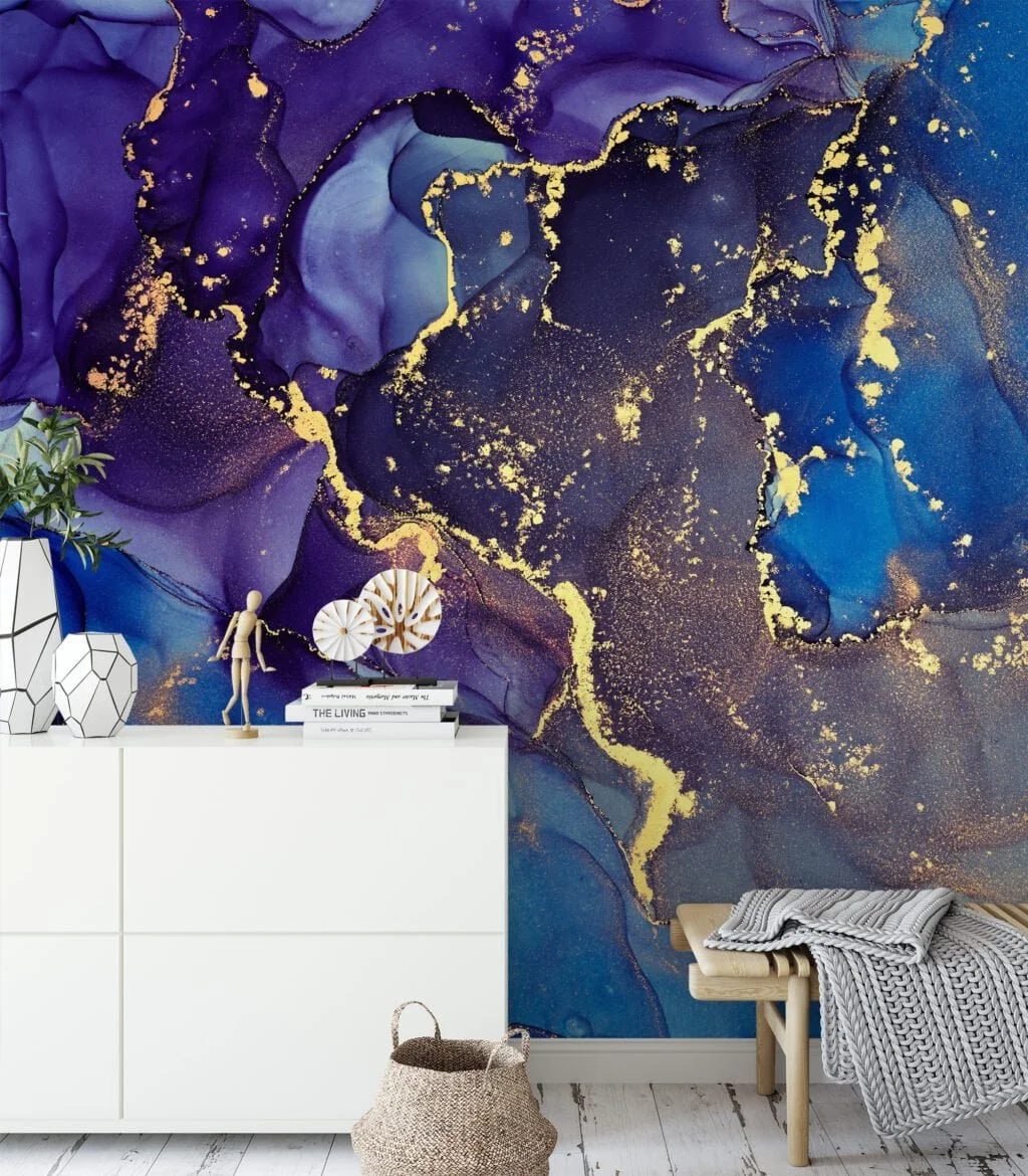 Indulge in the captivating beauty of our Dark Blue and Purple Marble Effect Wallpaper