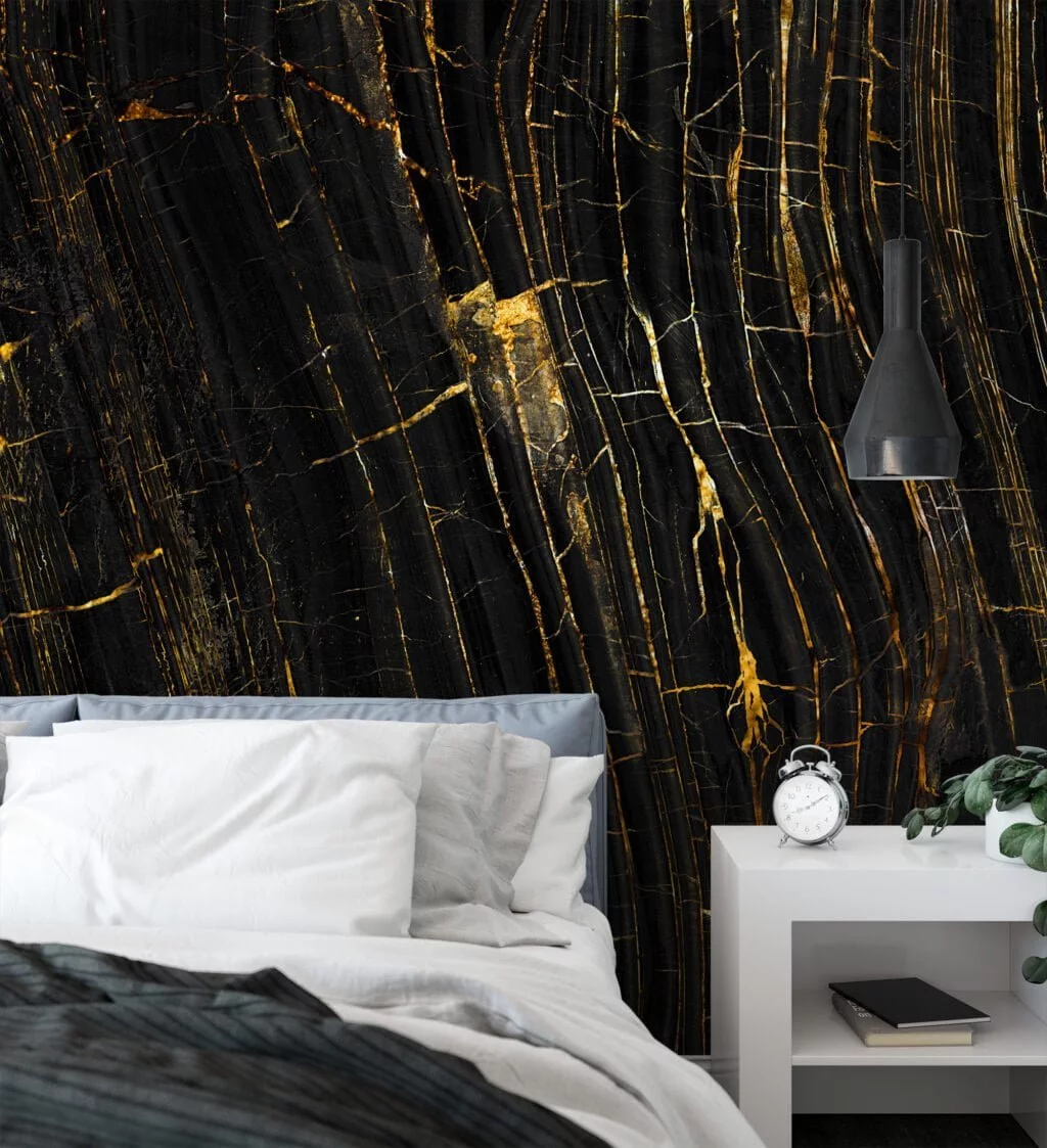 Elegant Black Stone Marble with Gilded Golden Lines Wallpaper for a Luxurious and Striking Home Ambience