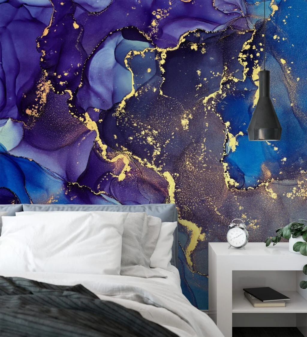 Indulge in the captivating beauty of our Dark Blue and Purple Marble Effect Wallpaper