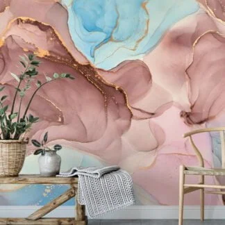 Elegant Rose Gold and Serene Blue Ink Art Wallpaper for a Sophisticated and Tranquil Home Ambience