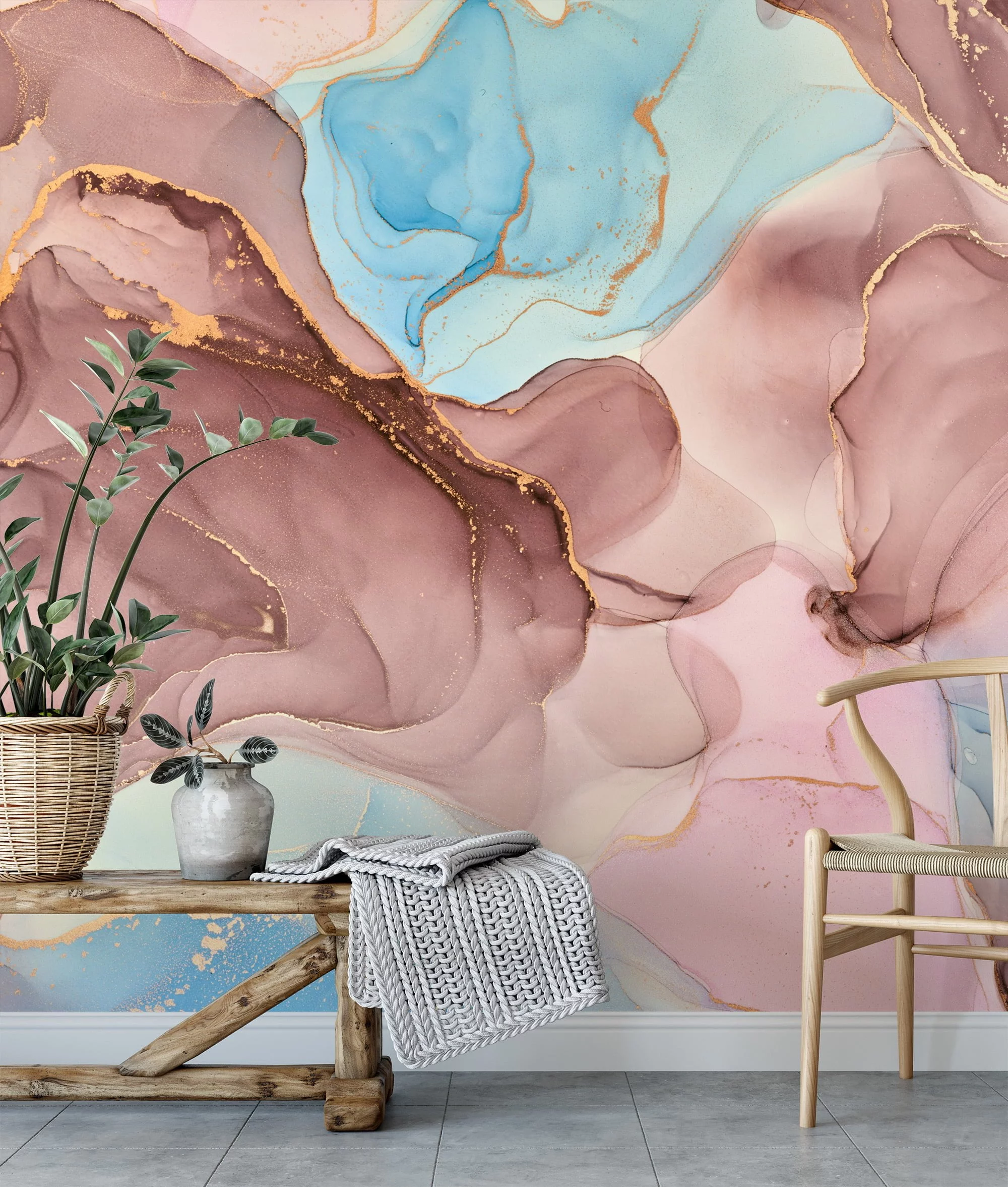 Elegant Rose Gold and Serene Blue Ink Art Wallpaper for a Sophisticated and Tranquil Home Ambience