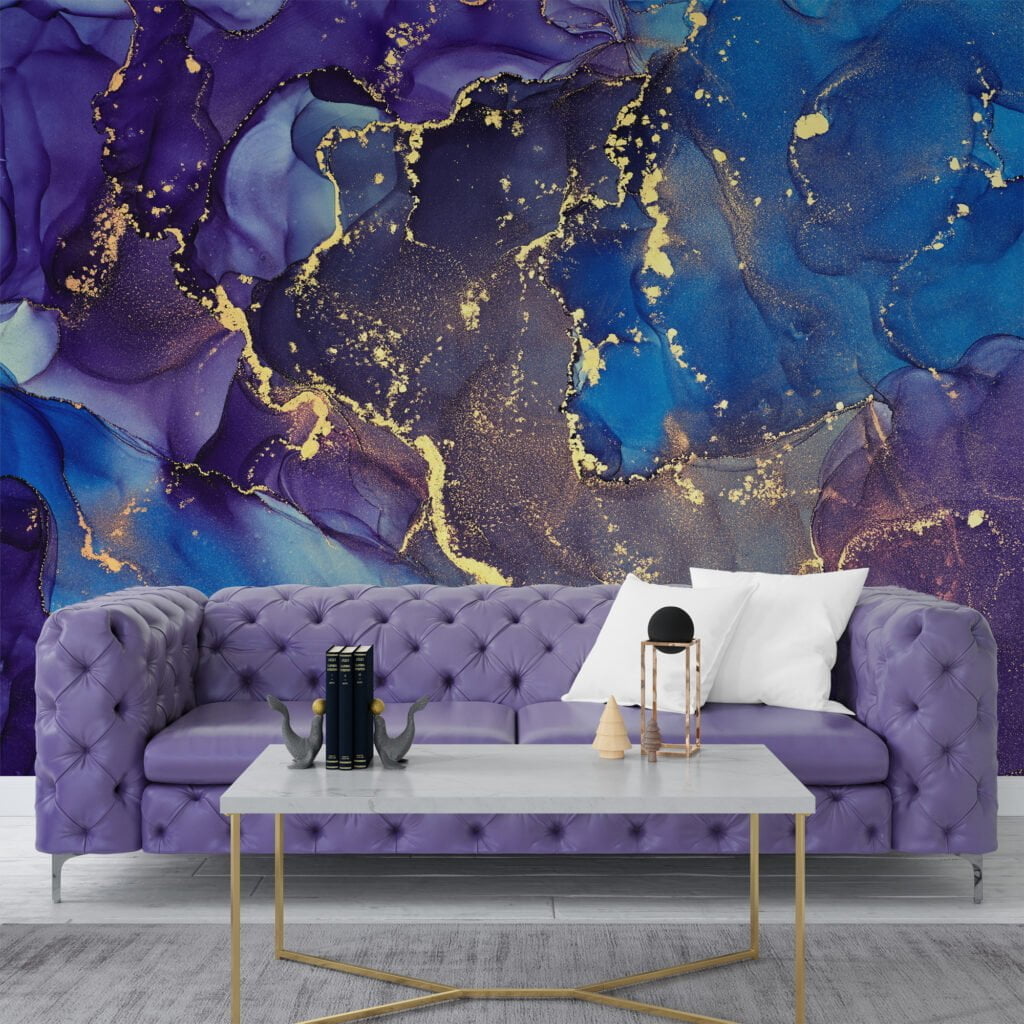 Indulge in the captivating beauty of our Dark Blue and Purple Marble Effect Wallpaper
