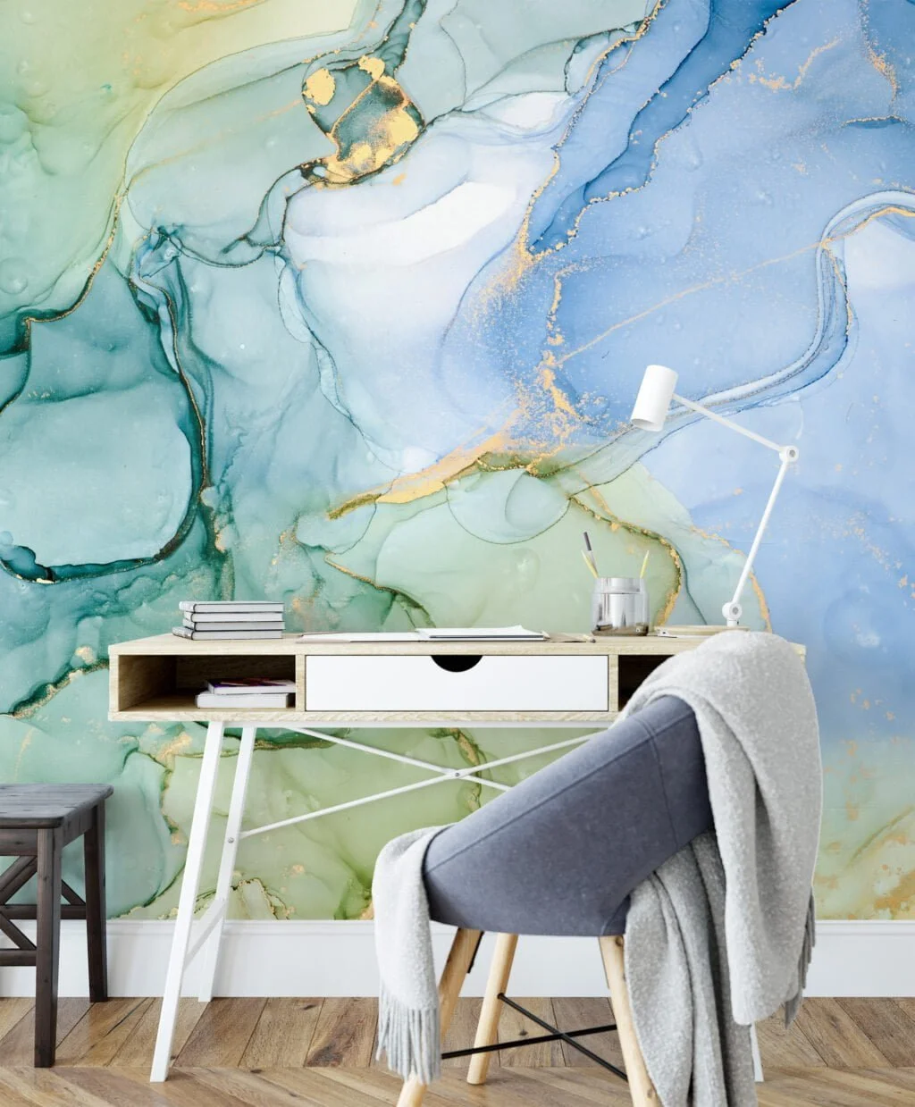 Refreshing Green, Blue, and Yellow Marble Texture Wallpaper for a Vibrant and Modern Home Decor