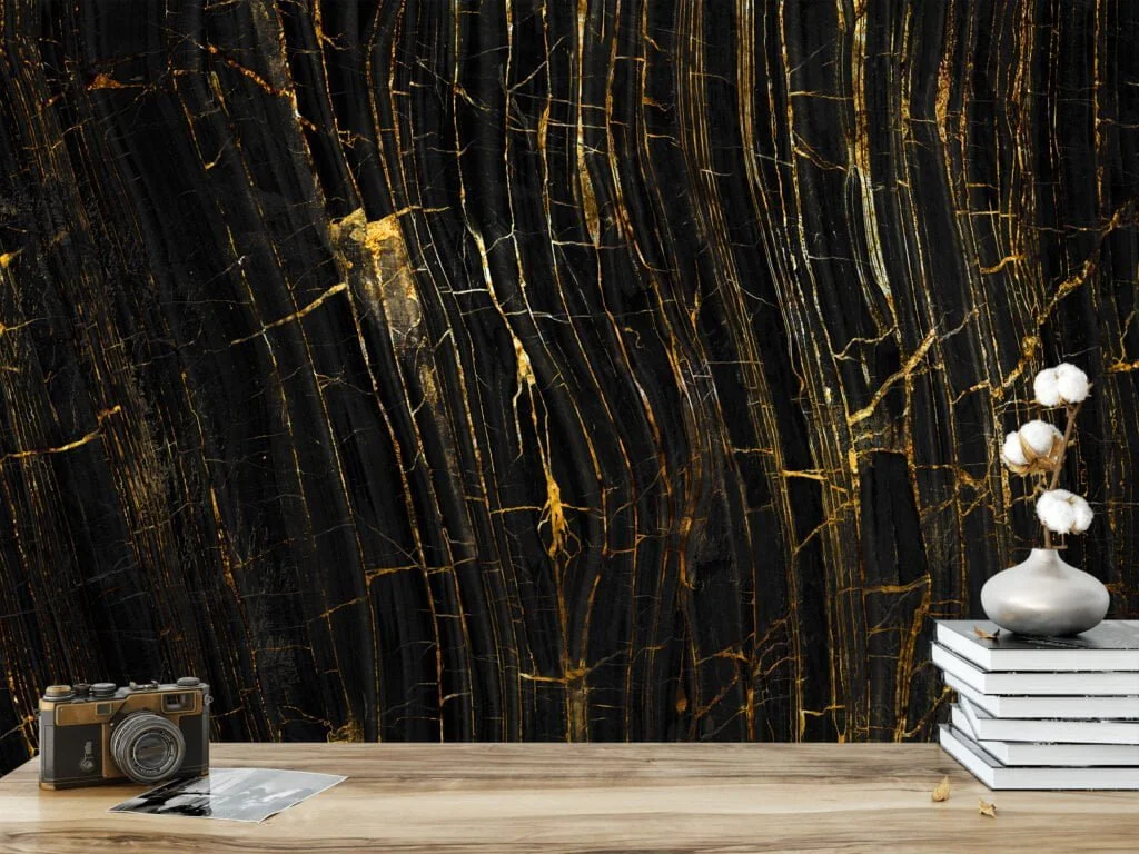 Elegant Black Stone Marble with Gilded Golden Lines Wallpaper for a Luxurious and Striking Home Ambience