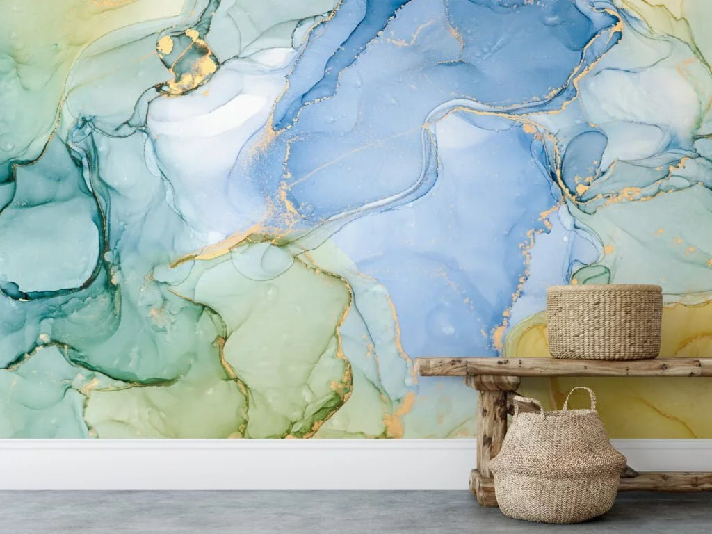 Refreshing Green, Blue, and Yellow Marble Texture Wallpaper for a Vibrant and Modern Home Decor