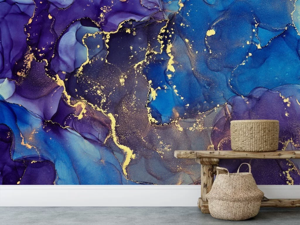 Indulge in the captivating beauty of our Dark Blue and Purple Marble Effect Wallpaper