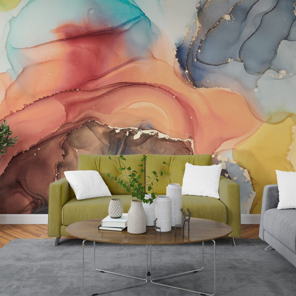 Experience the mesmerizing beauty of mixed alcohol ink colors dancing in water with our captivating wallpaper design