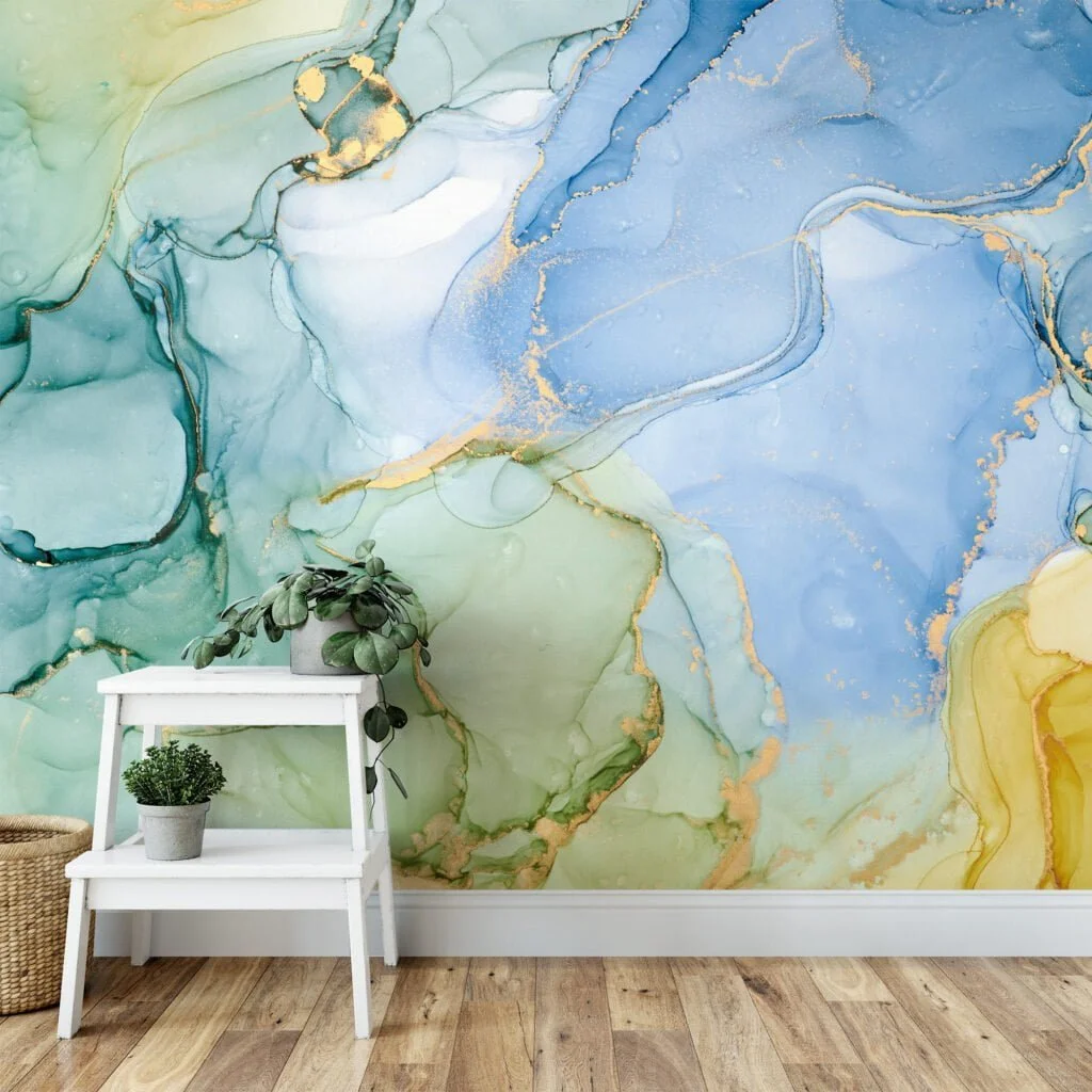 Refreshing Green, Blue, and Yellow Marble Texture Wallpaper for a Vibrant and Modern Home Decor