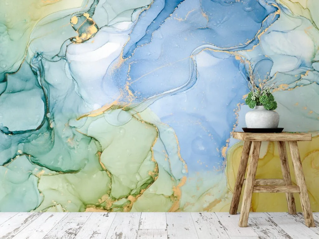 Refreshing Green, Blue, and Yellow Marble Texture Wallpaper for a Vibrant and Modern Home Decor