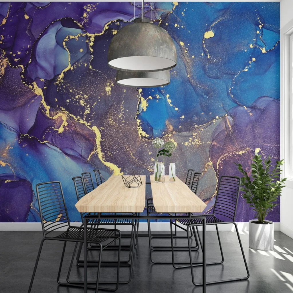 Indulge in the captivating beauty of our Dark Blue and Purple Marble Effect Wallpaper