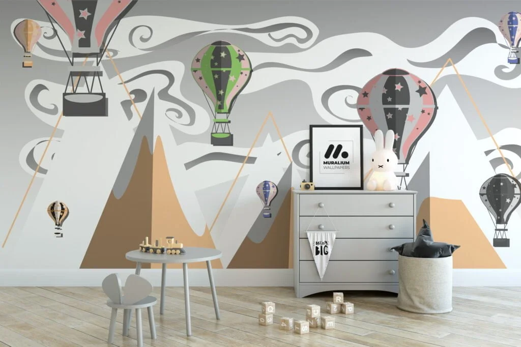 Kids Room Wallpaper with Hot Air Balloons and Mountains, Peel & Stick Wall Mural, Removable Wallpaper