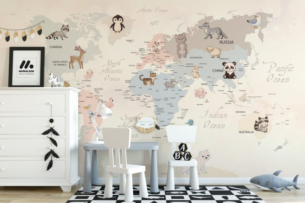 Nursery Wallpaper with Pastel World Map and Animals, Removable Wallpaper, Self Adhesive Wall Mural