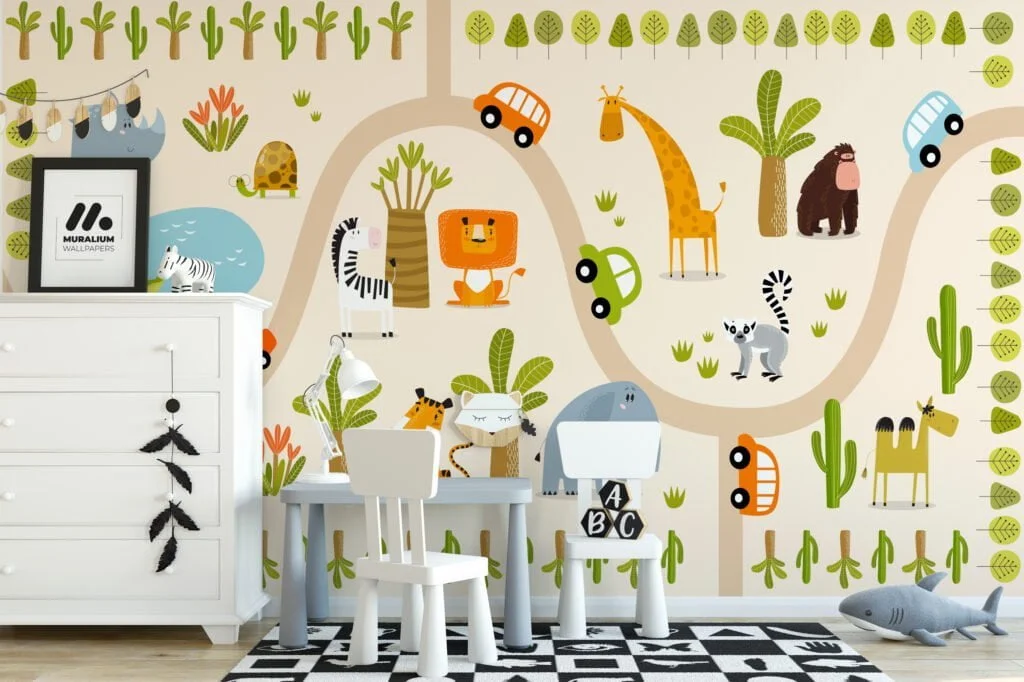 Nursery Wallpaper with Cute Animals and Trees, Peel & Stick Wall Mural, Removable Wallpaper