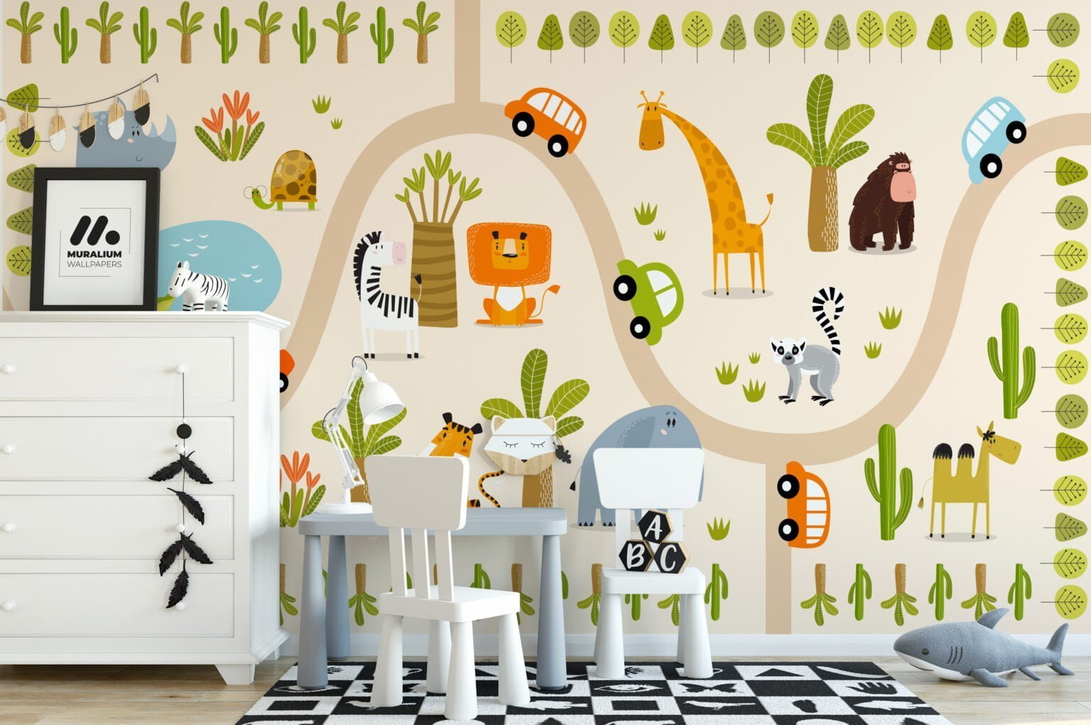 Nursery Wallpaper with Cute Animals and Trees, Peel & Stick Wall Mural ...