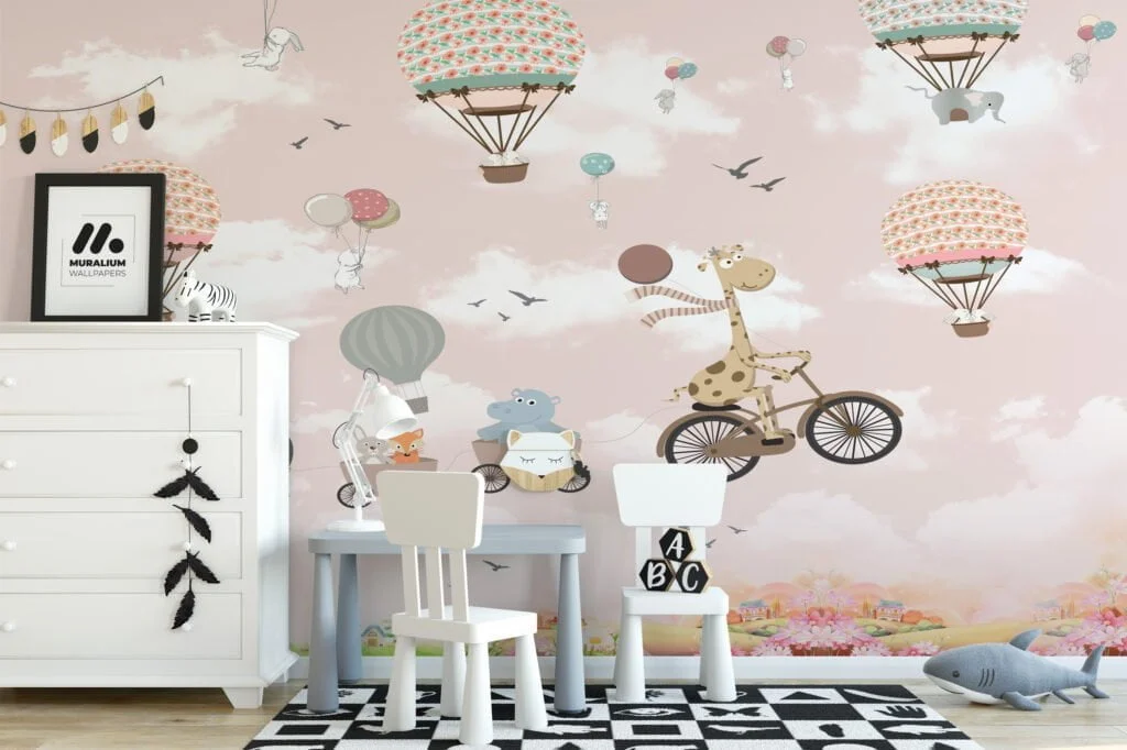 Nursery Wallpaper with Pink Pastel Hot Air Balloons, Temporary Wallpaper, Removable Wall Mural