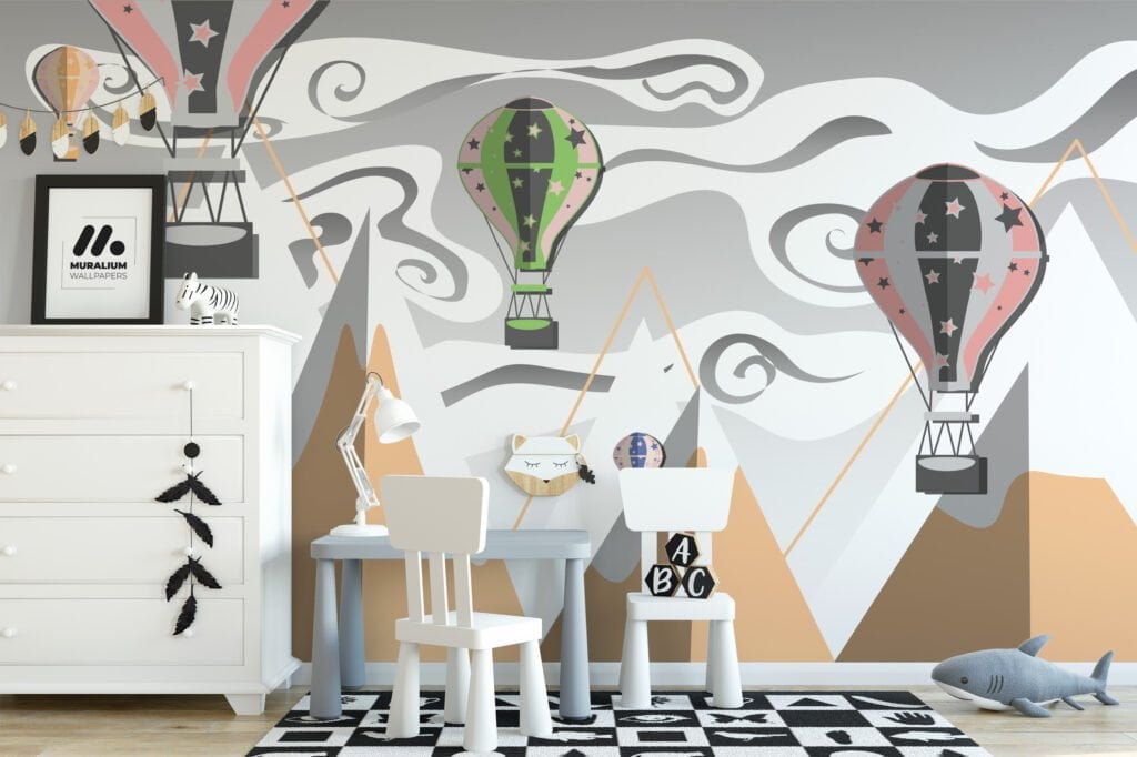Kids Room Wallpaper with Hot Air Balloons and Mountains, Peel & Stick Wall Mural, Removable Wallpaper